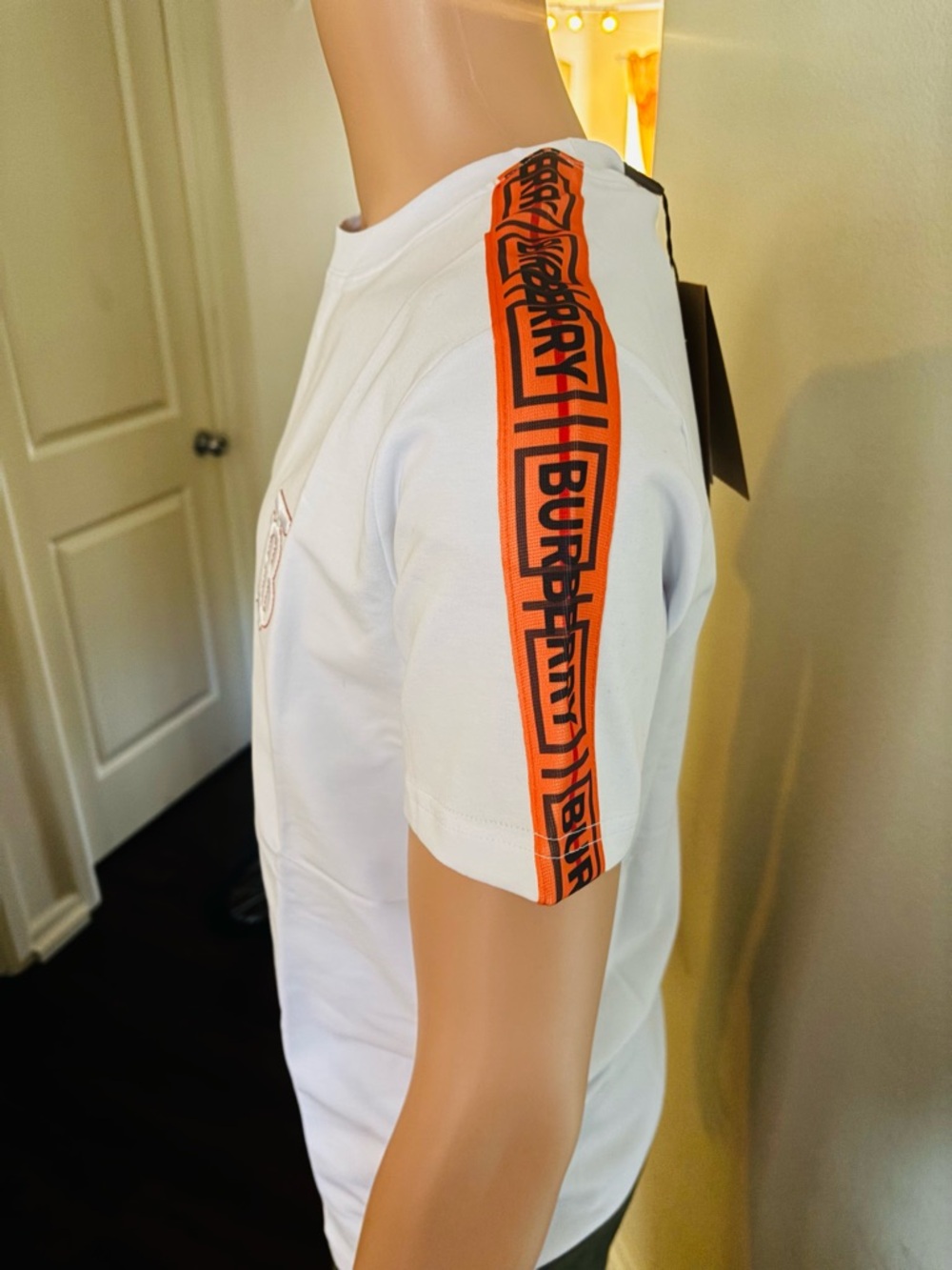 Burberry White Short Sleeve Tee with Orange Trim and TB Monogram - Picture 2 of 5